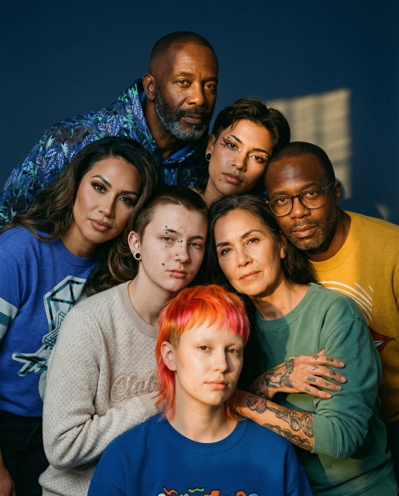 Group of people posing together against a blue background