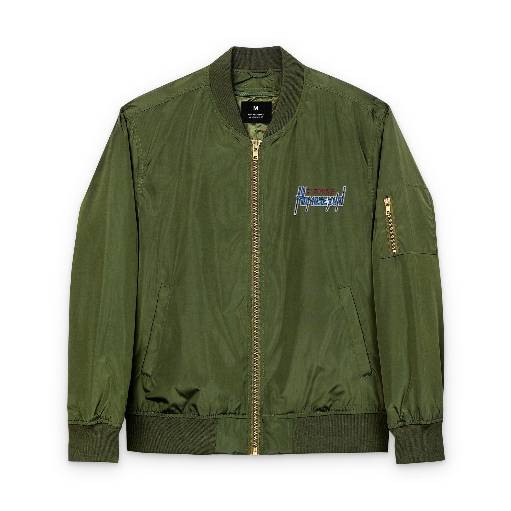 Sustainable Embroidered Bomber Jacket with Club Riot queer streetwear design