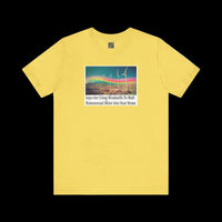 Yellow t-shirt with a graphic design on a white background