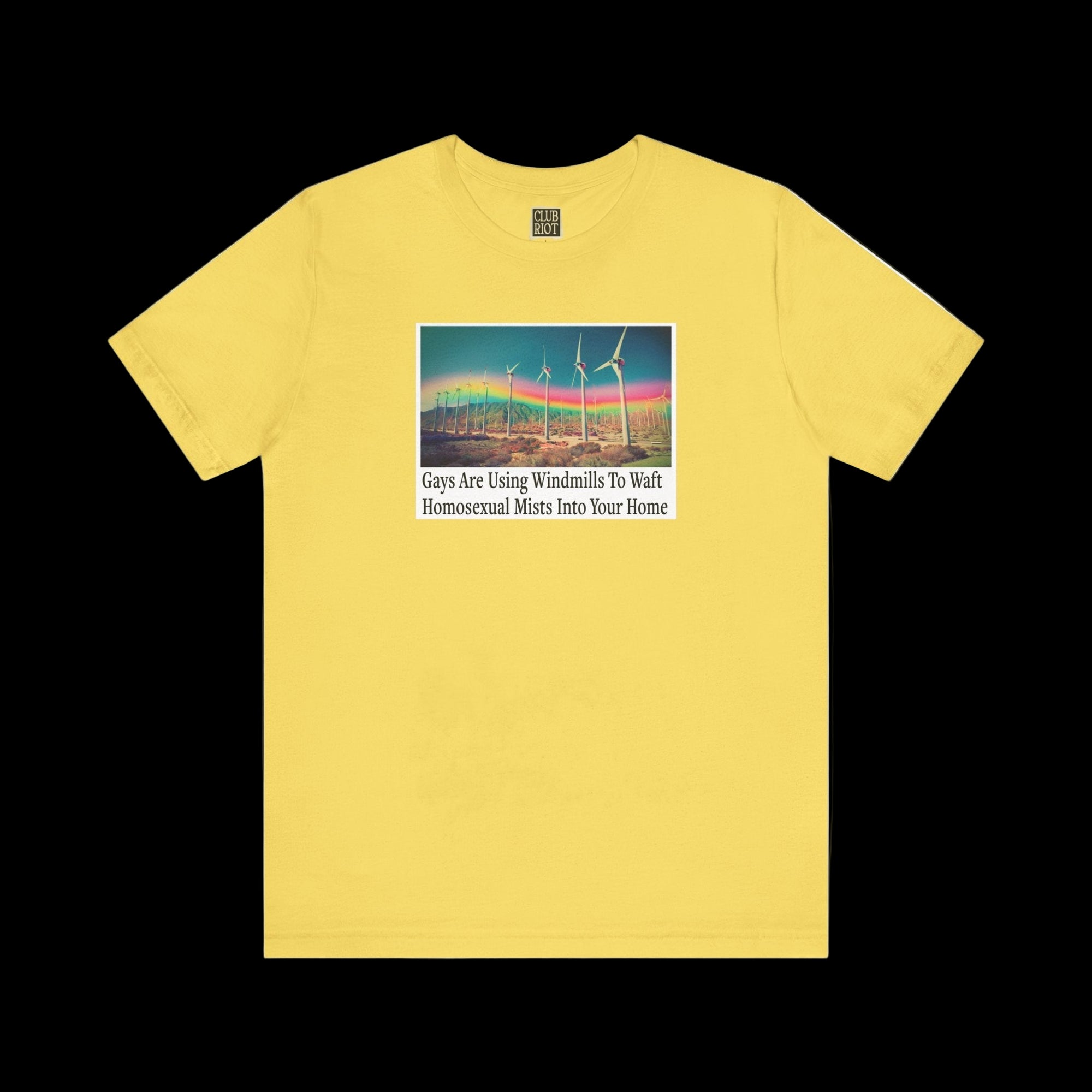 Yellow t-shirt with a graphic design on a white background