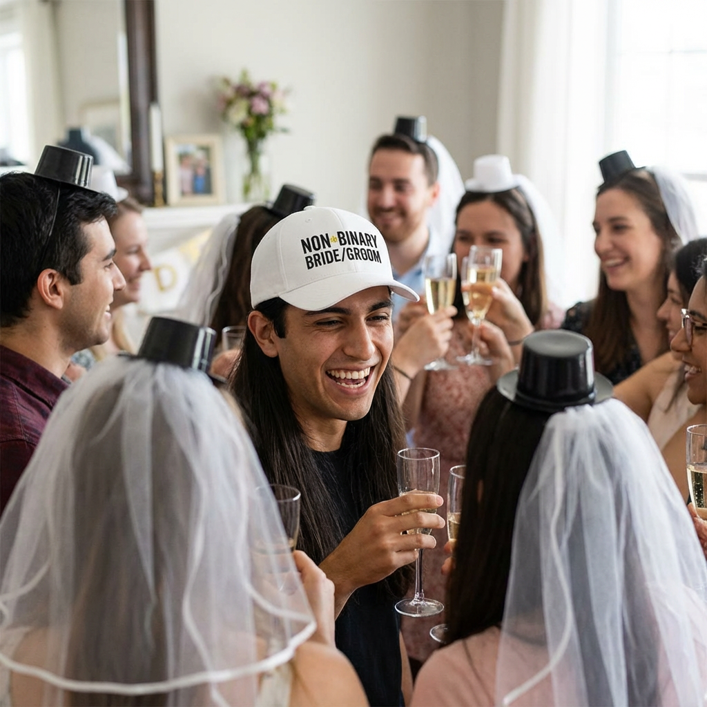 Non-Binary Bride/Groom Wedding Party Cap — Embroidered Closed-Back Structured Hat