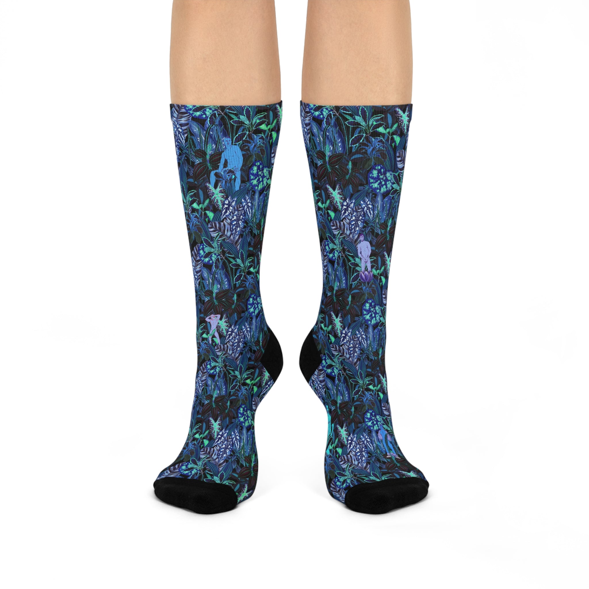 Cushioned Crew Socks — Floral Jungle with Hidden Hunks Pattern