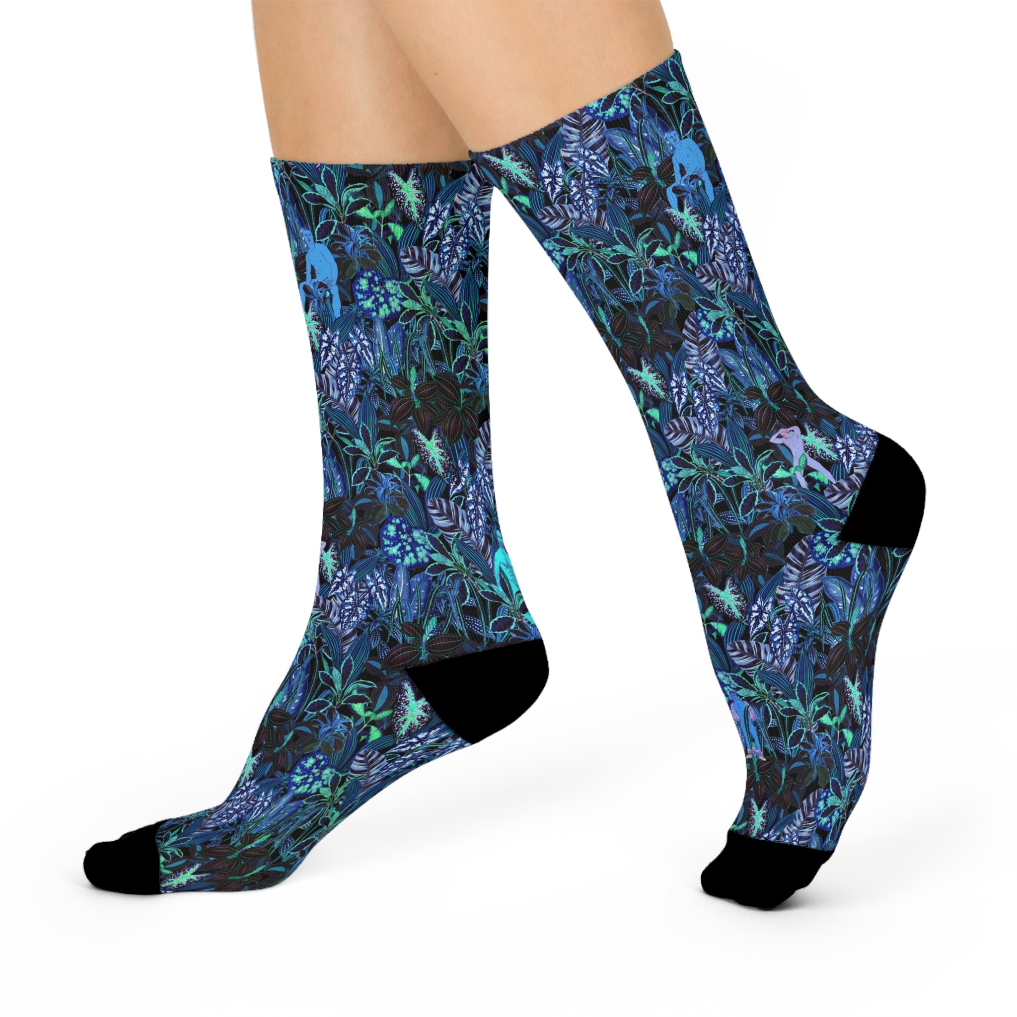 Cushioned Crew Socks — Floral Jungle with Hidden Hunks Pattern