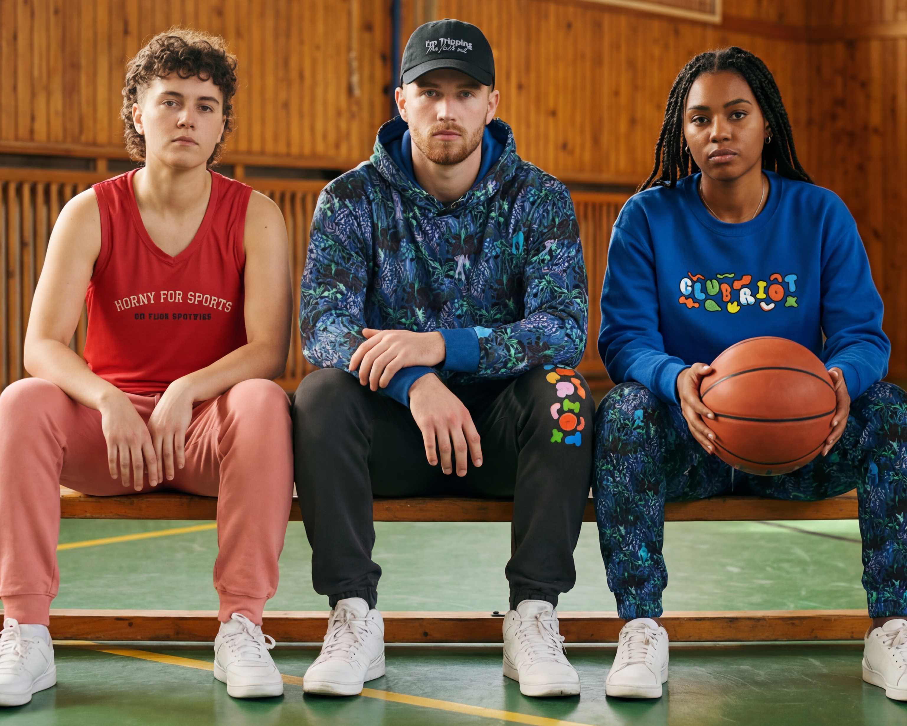 Three people sitting on a bench in a gymnasium with basketballs.
