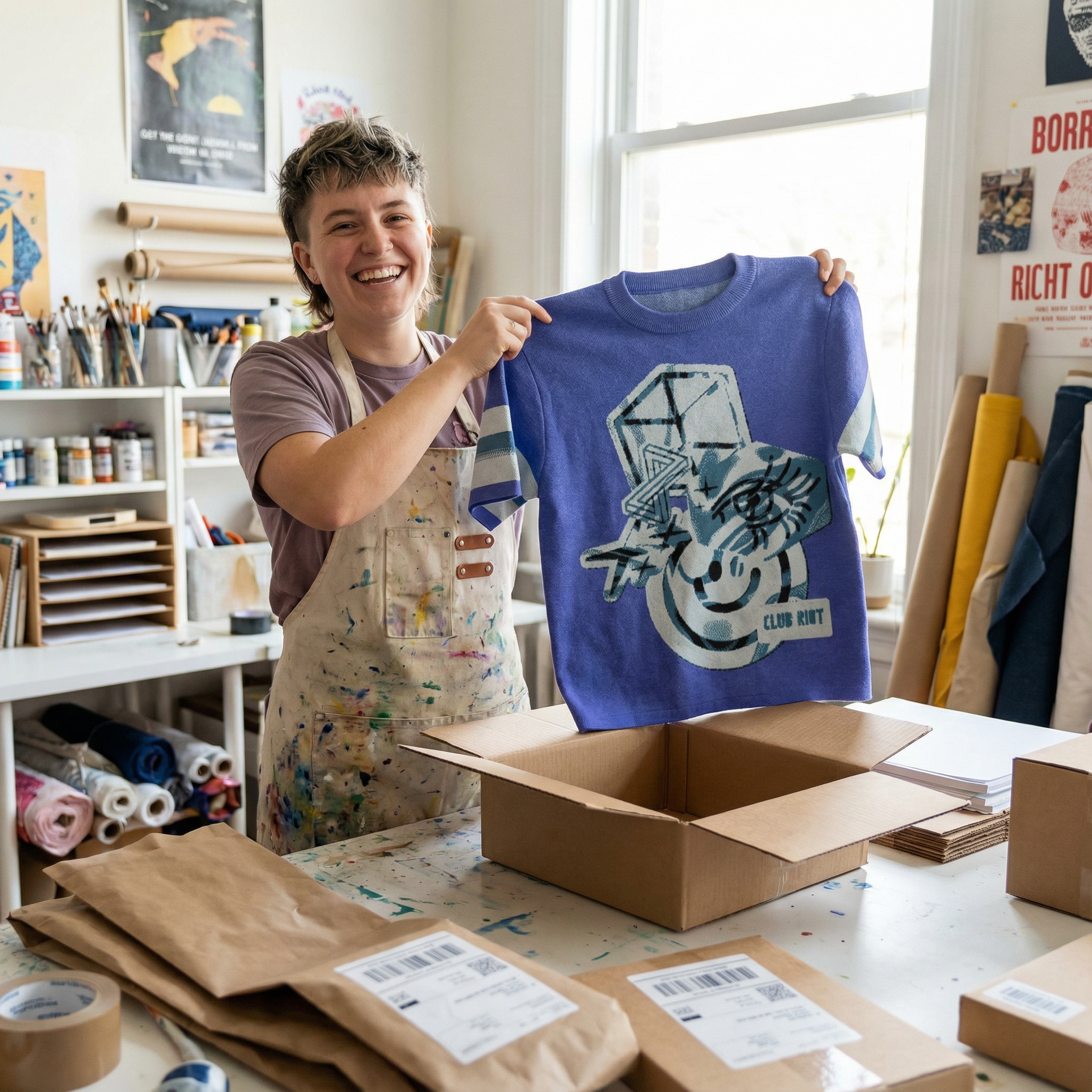 nonbinary_person_in_a_brightly_lit_small_creative_space_packing_an_online_shopping_order_for_shipment__holding_up_and_smiling_happily.png
